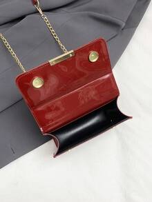 1pc Fashion Minimalist Solid Color Glossy Mini Square Bag With Magnetic Flap & Metal Chain Strap, Women's Casual Daily Commute Travel Gift - Burgundy - View 6