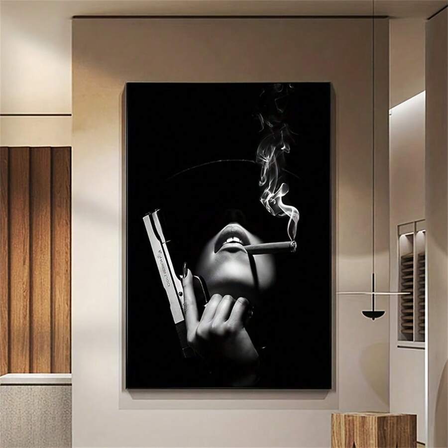 1pc Frameless Black & White Canvas Art Print,Vintage Movie Black Fashion Woman Portrait With Cigar Smoke Wall Art Poster,Suitable For Modern Western Home Decor,Living Room,Bedroom,Office,Kitchen,Bathroom Decoration,Eye-Catching Decorative Gift
