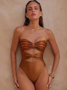 Women's High Waist One-Piece Swimsuit, Elegant Spaghetti Strap With Hollow Crochet Details, High Elasticity Vacation Beach - 摩卡棕 - 查看 2