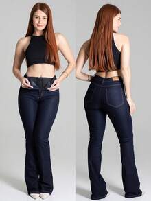 Sawary Jeans Women's Flare Original Super Lipo High Waist Hot Pants Modeling Strap 36 To 48 - 深色水洗藍 - 查看 9