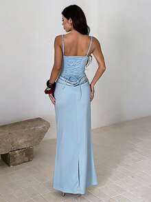 Solid Color Elegant Sexy Party Knit Fabric Pleated Ruffle Backless Dress, Suitable For Formal Dinner, Vacation, Beach, Spring/Summer - Baby Blue - View 5