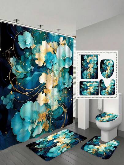 Bộ 1/4 rèm tắm màu xanh dương, thích hợp cho phòng tắm, có họa tiết hoa màu ngọc lam, xanh dương, vàng, kèm móc treo, trang trí bồn tắm màu xanh hải quân và đen trừu tượng, rèm tắm bằng vải chống thấm nước.