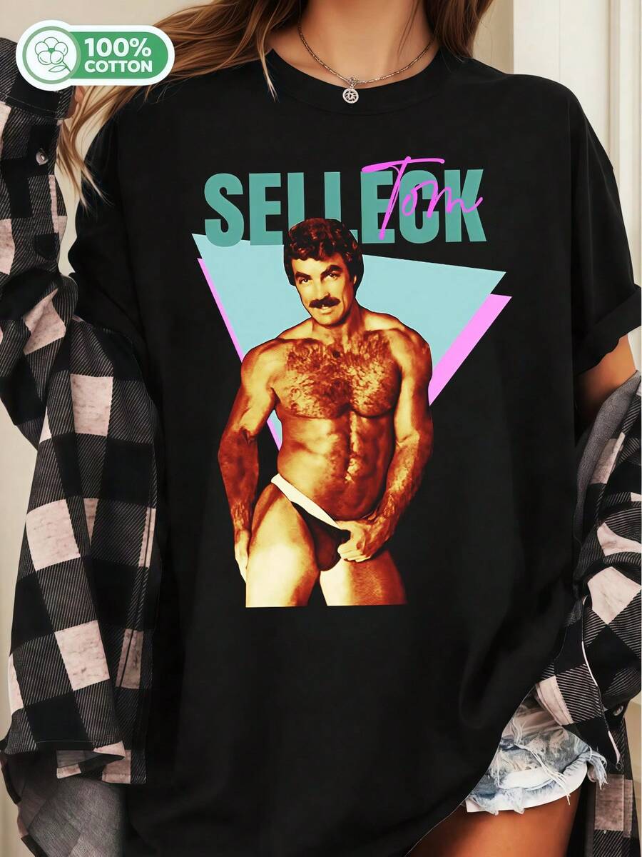 Tom Selleck 80s Retro Magnum PI Classic TV Nostalgia Cotton T-Shirt - Black - View 1