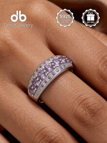 1pc S925 Sterling Silver Wide Purple Engagement Ring For Women, Couple's Token For Valentine's Day, Unique Accessory For Commute, Dating, Wedding, Celebration, Suitable For Daily Wear, Weddings, Holidays Like Easter, Halloween, Valentine's Day, Mother's Day, Birthday, Comes With Gift Box - Wide Band Purple Women's Ring - View 9
