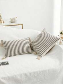1pc/2pcs Black & White Striped Pillow Cover, Bohemian Jacquard Canvas Fabric With Tassels, Nordic Ins Daily Bedroom Living Room Sofa Decor, Outdoor Garden Patio Lounge Chair Cushion Cover, Seasonal Holiday Party Home Decor, 30*50cm 45*45cm (Without Insert) - Black and White Stripes - View 4