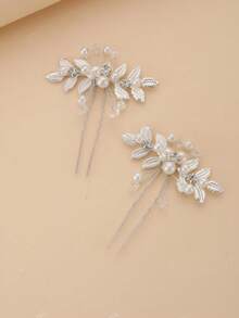 2pcs Vintage Silver Pearl & Rhinestone Bridal Hair Pins, Handmade U-Shaped Leaf Hair Accessories For Wedding, Summer, Holiday, Travel, Side Comb, Hair Comb, Headpiece - Silver - View 3