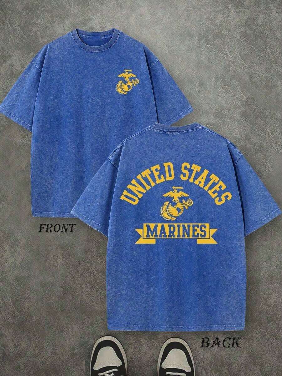 Summer TopsRetro Washed T-Shirt Double Sided Printed (230 Pure Cotton T-Shirt) 'MARINES' Letter And Eagle Patterns Print, Men's T-Shirt, Men's Casual, Comfortable, Fashionable T-Shirt, Street Style CottonLoose And ComfortableSummer Lightweight Style Casual Washed T-Shirt - 寶藍色 - 查看 1