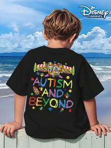 Disney Toy Story Autism Awareness T-Shirt Puzzle Plane And Colorful Text, Full Of Love And Positive Energy, Lively And Meaningful Print Pattern Summer Tops,Short-Sleeved Casual And Cute Style  Children's Clothing Design, Boy Clothes For Kids ,Ropa Para Niños,Boy Clothes For Kids,Graphic Tee, Summer Clothes,Perfect For Cool Boy. Comfortable And Breathable Children's Short-Sleeved T-Shirt. Comfortable And Casual Wear All Year Round 180g Pure Cotton Children's Clothes,Comfortable & Lightweight, Iconic Print For Mix-And-Match Outfits,Suitable For Both Boys And Girls. - 黑色 - 查看 3