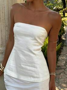 Look Polly 女士优雅休闲白色无肩带抹胸上衣，收腰弧形下摆无袖吊带衫，适合度假、海滩和夏季约会穿着 - 白色 - 查看 5