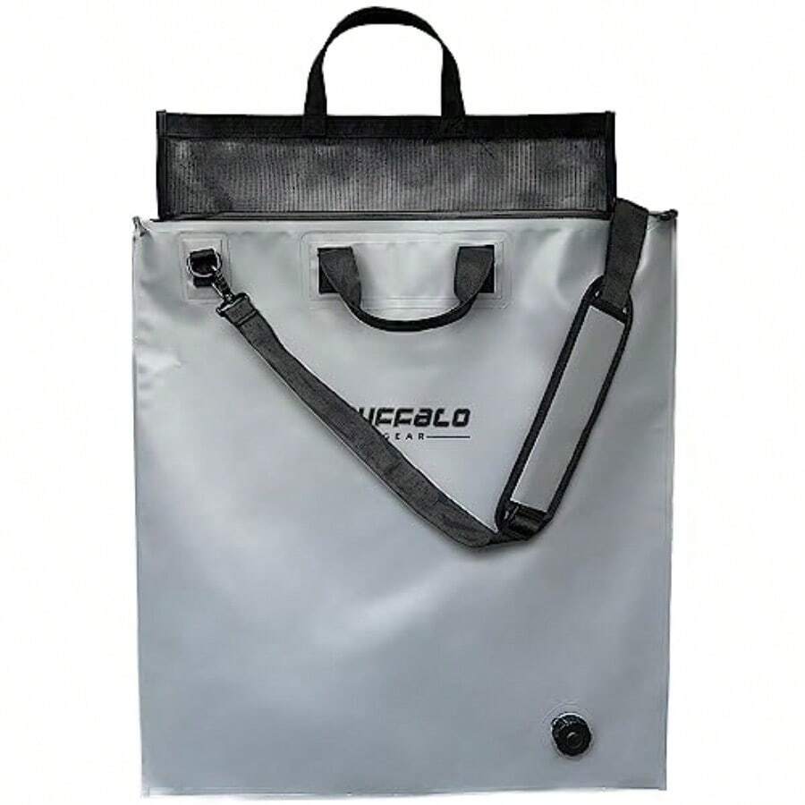 Buffalo Gear Fish Tournament pesa en bolsa con inserto de malla extraíble 24 x 25 pulgadas resistente pesa en bolsa para pesca con lubina con cierre impermeable válvula de drenaje correa de hombro - Gris24 x 25 pulgadas - Ver 1