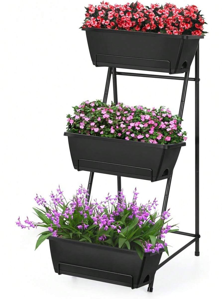 Vertical Raised Garden Bed 3 Tier Elevated Garden Planters Stand Up Garden Planter Box With Drainage Holes For Outdoor Indoor Plants Herbs Flowers Vegetables Black - Black - 查看 1