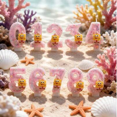 SpongeBob SquarePants 海绵宝宝趣味DIY 0-9数字闪亮生日蜡烛 - 粉色蜡制成，奢华数字蜡烛，营造节日氛围，字母形状数字设计