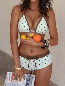 Bộ bikini 2 món thời trang và dễ thương in hình ngôi sao, áo yếm cổ yếm và quần short, đồ bơi đi biển phối màu tương phản dành cho nữ, phong cách gợi cảm kiểu Âu Mỹ, thích hợp cho kỳ nghỉ hè và ngày lễ tình nhân. - Màu Khaki - Xem 3