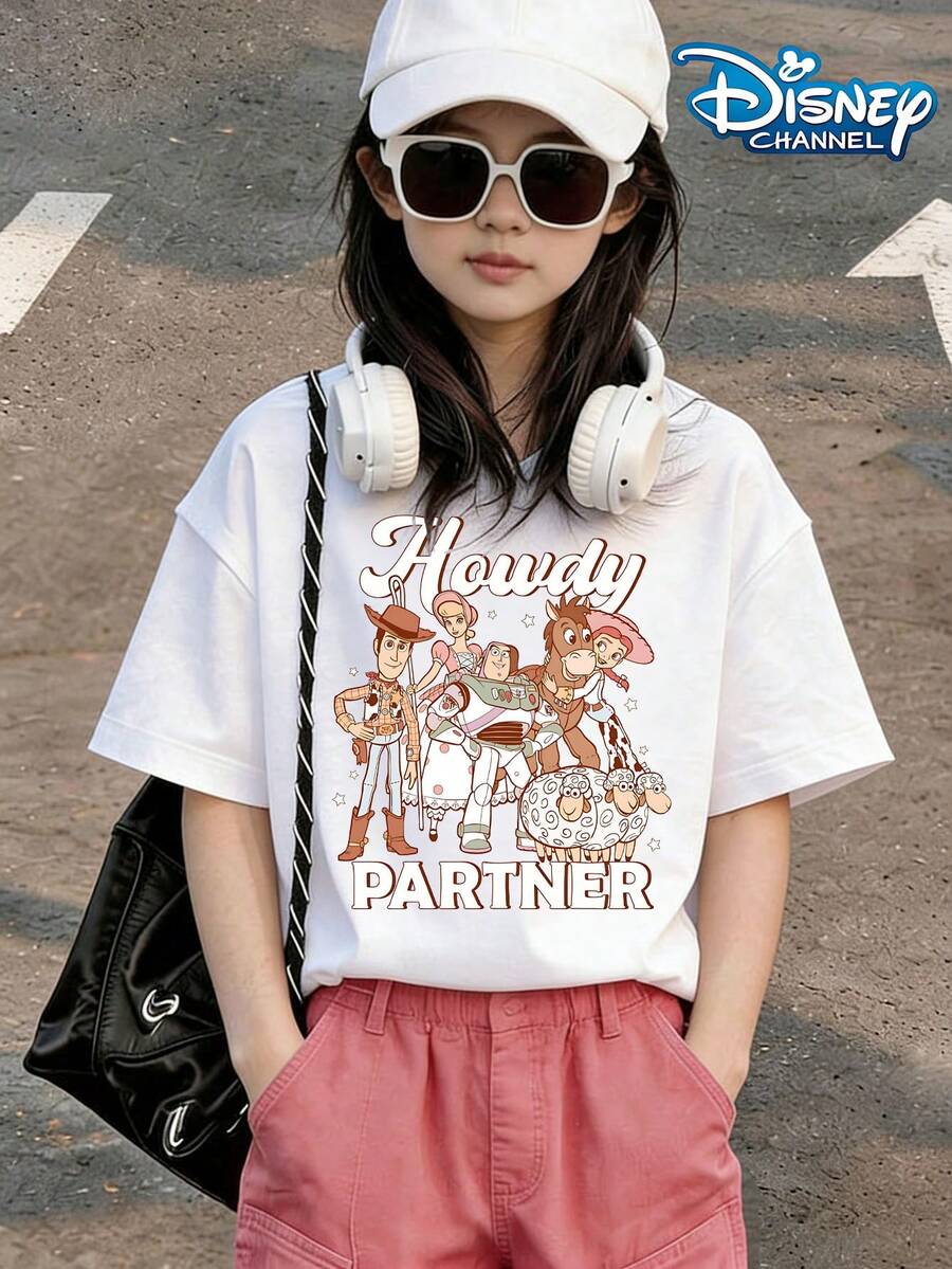 Toy Story Howdy Partner Cartoon Print Summer Tops, Disney Graphic Tee, Perfect For Cute Girls. Teen Girl Gift,Tween Summer Clothes,Comfortable And Breathable Children's Short-Sleeved T-Shirt. Suitable For Both Boys And Girls.Suitable For Daily Wear, Vacations, Outdoor Activities, And As A Children's Gift. - trắng - Xem 1