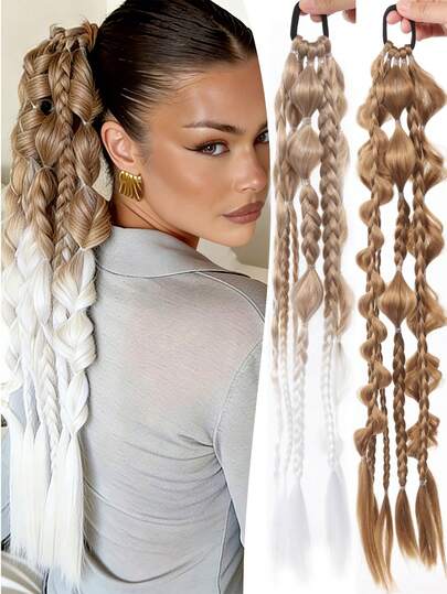Extensiones de cola de caballo recta de burbuja Yaki para mujer, 1 pieza, 24" Extensiones de cabello sintético ligeras con lazo, coletas sintéticas degradadas para todas las edades, accesorios de cabello para festivales y raves