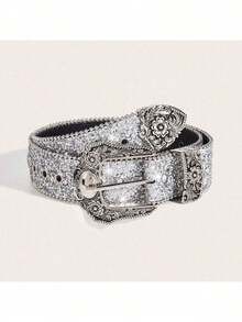 1pc Women's Western Cowgirl Heavy Rhinestone Buckle Y2K Style Belt, Suitable For Daily, Party And Gathering - Silver - View 6