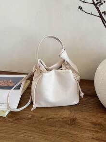 Pleated Drawstring Bucket Bag, Women's Fashion Solid White Cloud Shoulder Bag, Stylish Versatile Small Crossbody Bag - White - View 3