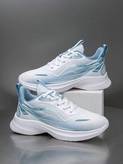 男士清新渐变条纹撞色系带休闲厚底运动鞋，多功能轻便减震户外跑步鞋