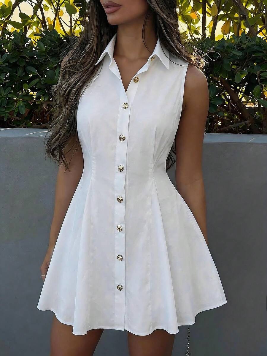 LiIyHouse Women's Summer Fashion And Elegance White Sleeveless Lapel Waist-Cinching And Slimming A-Line Shirt Dress, Suitable For Holiday Vacations, Parties, Commutes To The Office, Night Dates, And Dinner Parties - White - View 1