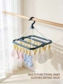 1 chiếc móc treo quần áo đa năng kèm 32 kẹp, giá phơi đồ bằng nhựa dùng cho tất, giá phơi đồ ban công, móc treo quần áo trẻ em, giá treo đồ lót. - 32 kẹp màu xanh dương + vàng - Xem 1