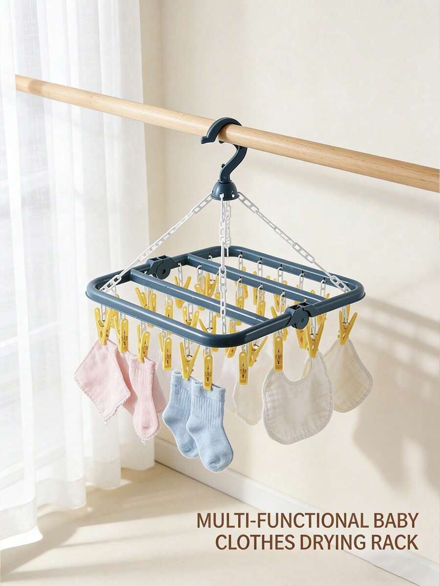 1 chiếc móc treo quần áo đa năng kèm 32 kẹp, giá phơi đồ bằng nhựa dùng cho tất, giá phơi đồ ban công, móc treo quần áo trẻ em, giá treo đồ lót. - 32 kẹp màu xanh dương + vàng - Xem 1
