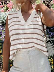 Áo vest dệt kim cổ chữ V kẻ sọc cho nữ, kiểu dáng rộng rãi không tay mới cho mùa hè. - Màu Khaki - Xem 4