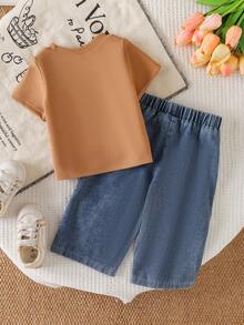 Bộ 2 món áo thun cổ tròn dễ thương cho bé gái + quần jean thêu hoa, thích hợp cho mùa hè. - Màu Khaki - Xem 2
