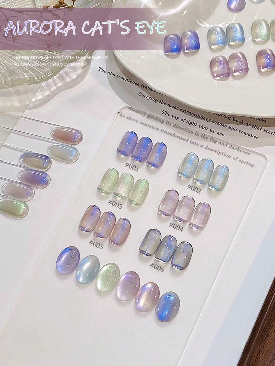 Miss Leia 1-6 Esmalte de uñas en gel de bola de cristal de ojo de gato de 15 ml para primavera/verano, esmalte de uñas de ojo de gato blanco porcelana de cristal claro a la luz de la luna, base transparente de gel de color, adecuado para principiantes, curado UV/LED, semi-permanente, adecuado para salones, DIY, fiestas de vacaciones, regalos para damas, suministros de arte de uñas