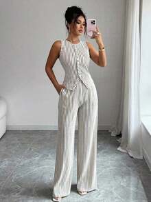 Women's Fashionable Solid Color Textured 2-Piece Set, Including Sleeveless Crew Neck Button Fitted Tank Top And High Waist Loose Straight Leg Pants, Elegant Commuter Style - màu nâu - Xem 9