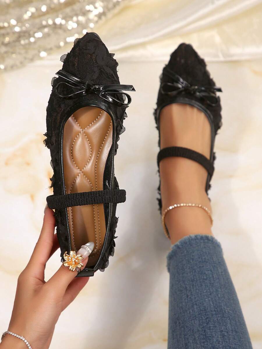 Giày bệt mũi nhọn màu đen, giày lười kiểu Pháp thời trang có nơ và lưới, giày nữ mùa xuân/thu mới, kiểu dáng thanh lịch, thích hợp đi làm, công sở. - màu đen - Xem 1