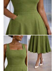 Elegant Dress With Square Neckline And Defined Waist – Sophisticated And Feminine A-Line Style – BEST Gift For MOTHER'S DAY - Màu xanh Ô liu - Xem 5