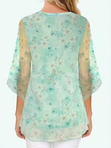 Blusa holgada con volantes, cuello en V, doble capa de malla, con cinturón y mangas 3/4 para primavera - verde menta - Ver 4
