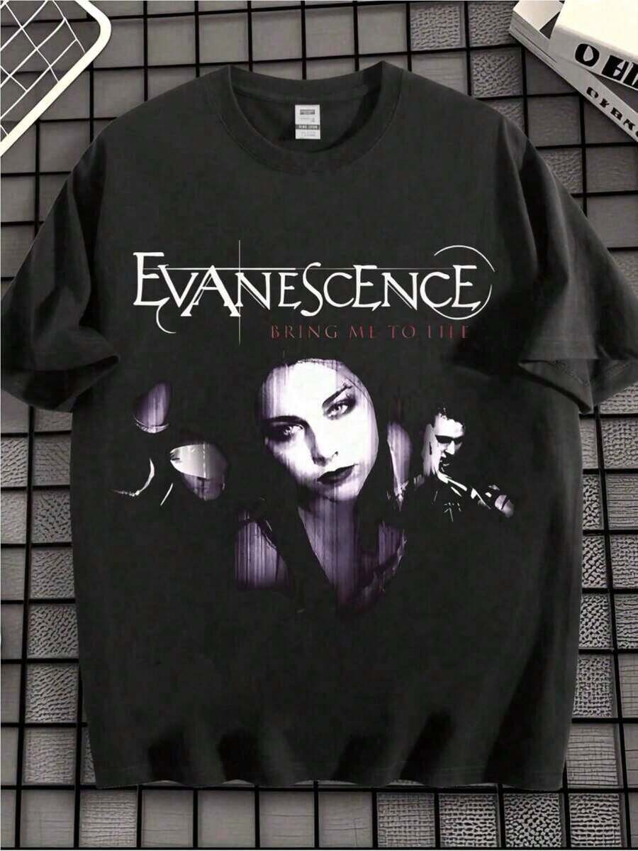1pc Evanescence Band Retro Rock Graphic Tee With Iconic Printed Design, 100% Soft Premium Cotton, Machine Washable Loose Street Style, Unisex Short Sleeve Top, Perfect For Music Culture, Street Style And Alternative Rock Fans - 黑色 - 查看 1
