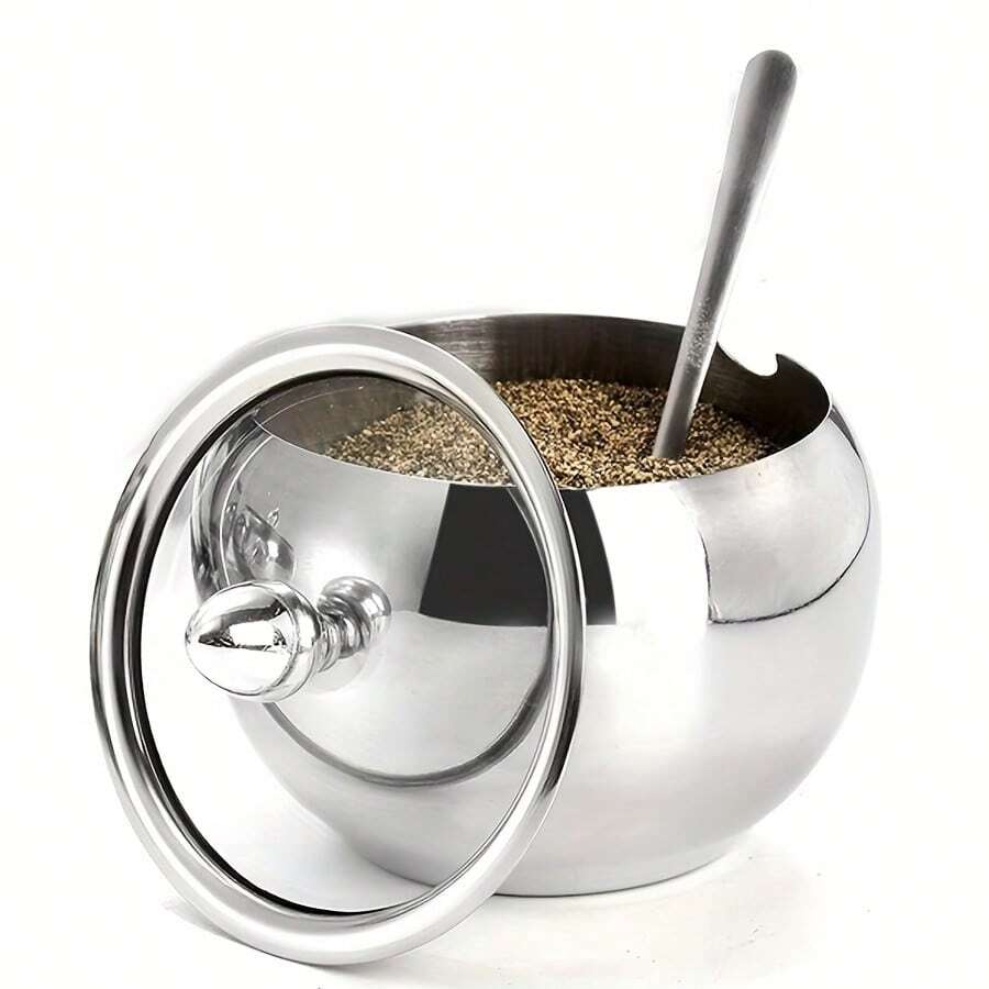 Thick Stainless Steel Seasoning Jar With Spoon & Lid, Creative Soy Sauce Bottle, Salt & Pepper Shaker, Covered Seasoning Storage Box, Kitchen Organizer Rack, Kitchen Decor - Silver - View 1