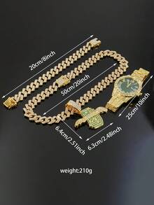 1 Set Bolso de dinero completamente con rhinestones, Collar de eslabón cubano de 15 mm con rhinestones, Pulsera, Reloj de hombre de esfera verde, Conjunto de accesorios de estilo hip hop para hombre - Verde - Ver 11