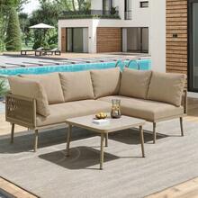 Garden Lounge Set Made Of Iron, Garden Furniture Set Made Of Green Rope, L-Shaped Garden Furniture Set, Lounge Set Made Of Green Rope With Seat Cushions, Adjustable Feet, 2 Sofas And 1 Table - Khaki + Iron - View 1