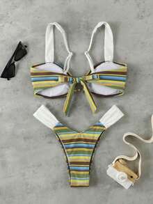 新款春夏女士绿色条纹荷叶边休闲性感优雅沙滩度假约会派对比基尼套装 - 彩色 - 查看 3
