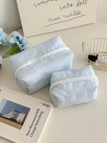 Striped Pattern Fluffy Soft Women's Cosmetic Bag, Zipper Travel Makeup Bag, Cute Plaid Toiletry Bag, Back To School Supplies - blue - 查看 5