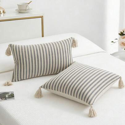 1pc/2pcs Black & White Striped Pillow Cover, Bohemian Jacquard Canvas Fabric With Tassels, Nordic Ins Daily Bedroom Living Room Sofa Decor, Outdoor Garden Patio Lounge Chair Cushion Cover, Seasonal Holiday Party Home Decor, 30*50cm 45*45cm (Without Insert)