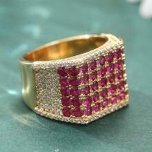 Klassisches Design Vintage Synthetischer Roter Edelstein Ring, Luxuriöser Hochwertig Goldener Verlobungsring, Hochzeitsschmuck Geschenk - Gold - Übersicht 5