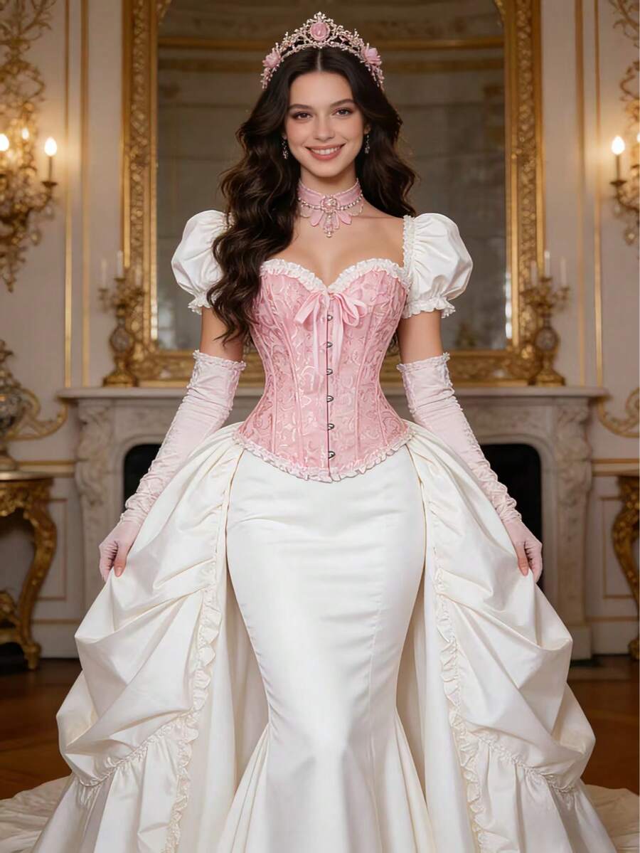 This Cute And Playful Pink Lace-Trimmed Princess-Style Corset From Europe And America Can Be Paired With Various Accessories. The Delicate Ruffles And Lace Detailing, Along With The Fitted Waist And Supportive Bust, Make It Suitable For All Occasions. - Hồng - Xem 1