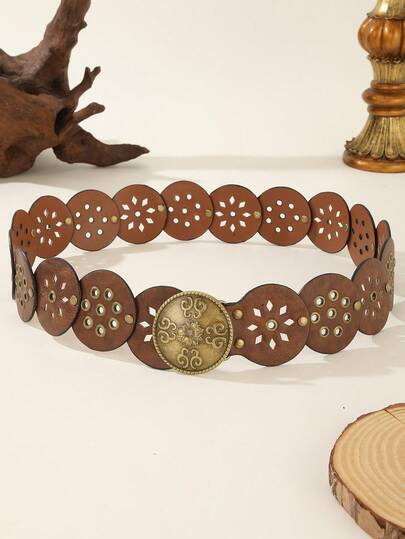 1pc Women's Hollow Flower Buckle Decor Brown Oval Leather Round Metal Eyelet Decor Bohemian Western Style Belt, Versatile For Dresses, Jeans