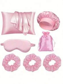 7pcs Women's Sleeping Set Includes Pillowcase, Shower Cap, Eye Mask, Decorative Storage Bag, Hair Scrunchies, Suitable For Nighttime Use - Multicolor - View 1