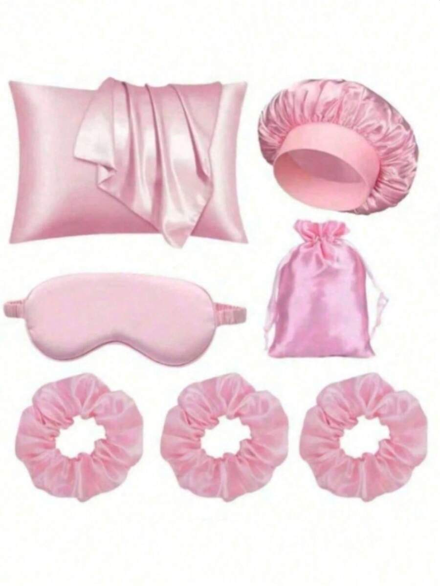 7pcs Women's Sleeping Set Includes Pillowcase, Shower Cap, Eye Mask, Decorative Storage Bag, Hair Scrunchies, Suitable For Nighttime Use - Multicolor - View 1