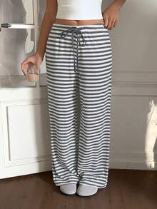 阳光少女风夏季女式Y2K条纹抽绳直筒裤，完美适用于返校、街头风、通勤、居家休闲和下午茶穿搭 - 淺灰色 - 查看 7