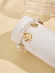 1件时尚优雅仿珍珠贝壳吊坠金色脚链，海滩度假风格女士饰品，适合日常佩戴和度假 - 彩色 - 查看 3