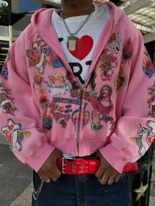 Women's Y2K Religious Tattoo Pattern Zip-Up Hoodie - Cropped Street Style Pullover Sweatshirt, Artistic Print, Casual Loose Fit, Jesus Faith Jacket, Unisex - Pink - View 2