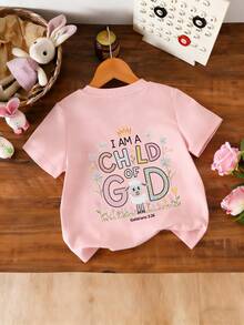 Young Girl Casual Funny Print Round Neck Short Sleeve T-Shirt, Summer Top - Pink - View 4