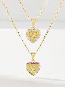 Set de 2 collares con colgante de corazón y mariposa chapado en oro de 14K de pareja, incrustado con circonita de colores, con significado romántico, adecuado para el Día de San Valentín, aniversario, regalo de cumpleaños para parejas - Amarillo Oro - Ver 8