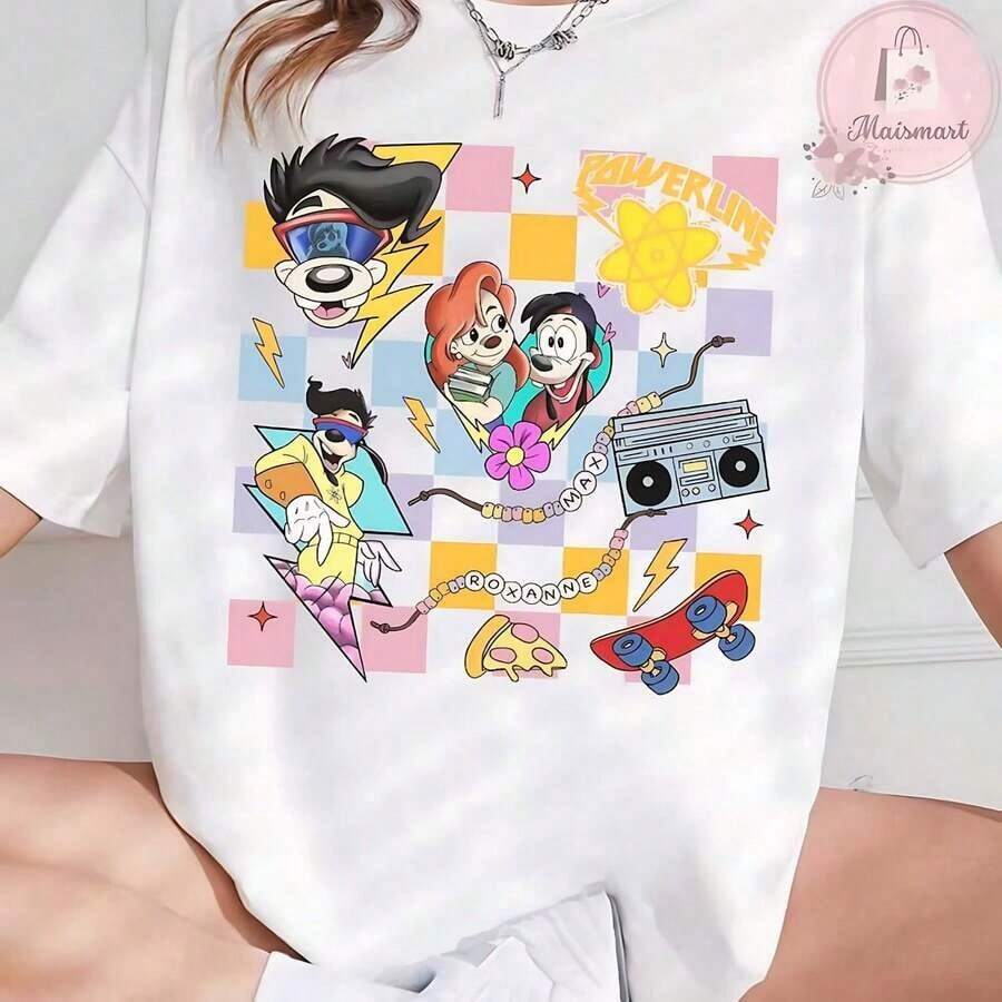 Disneyss A Goofys Movie Max Goof And Roxanne Retro 90s T-Shirt, Crop Top, Powerline Concert Design, Disneyland Trip Gift, Family Matching Tee - 白色 - 查看 1